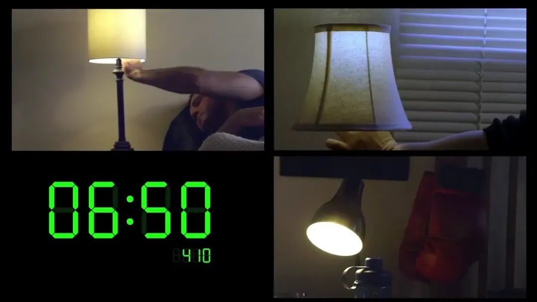 3 different shots of turning on lamps and the time 6:50