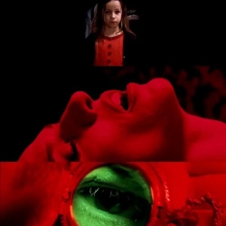 A girl, a woman, and a green eye in a red color scheme